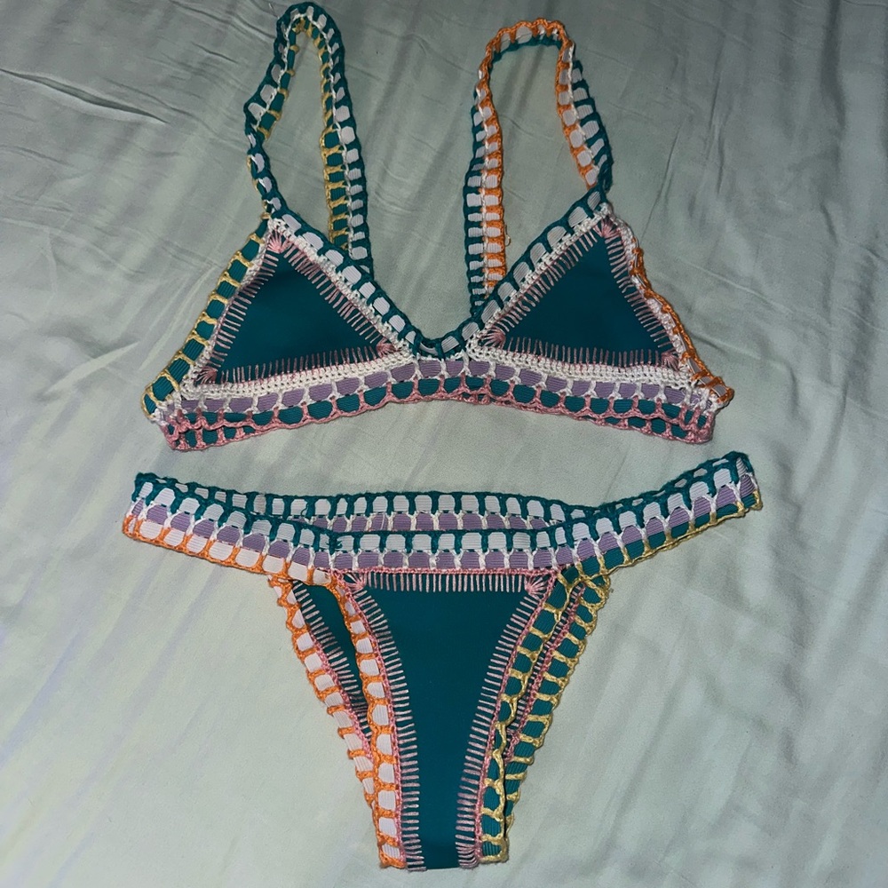 KIINI Teal Bikini Bottom with Crochet Accents